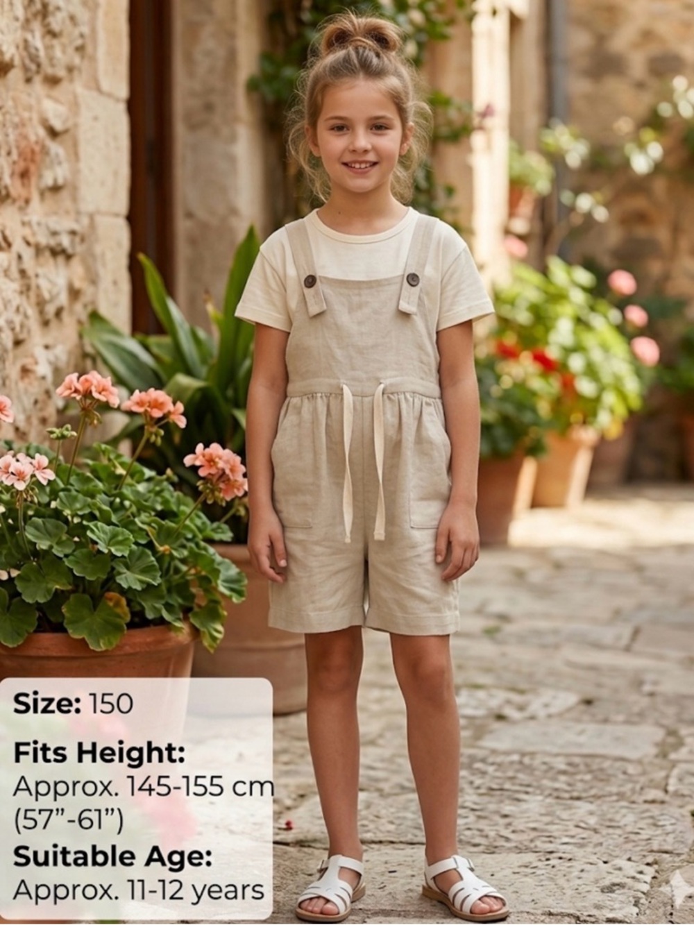 Girls Beige Linen Overall Shorts with Adjustable Straps